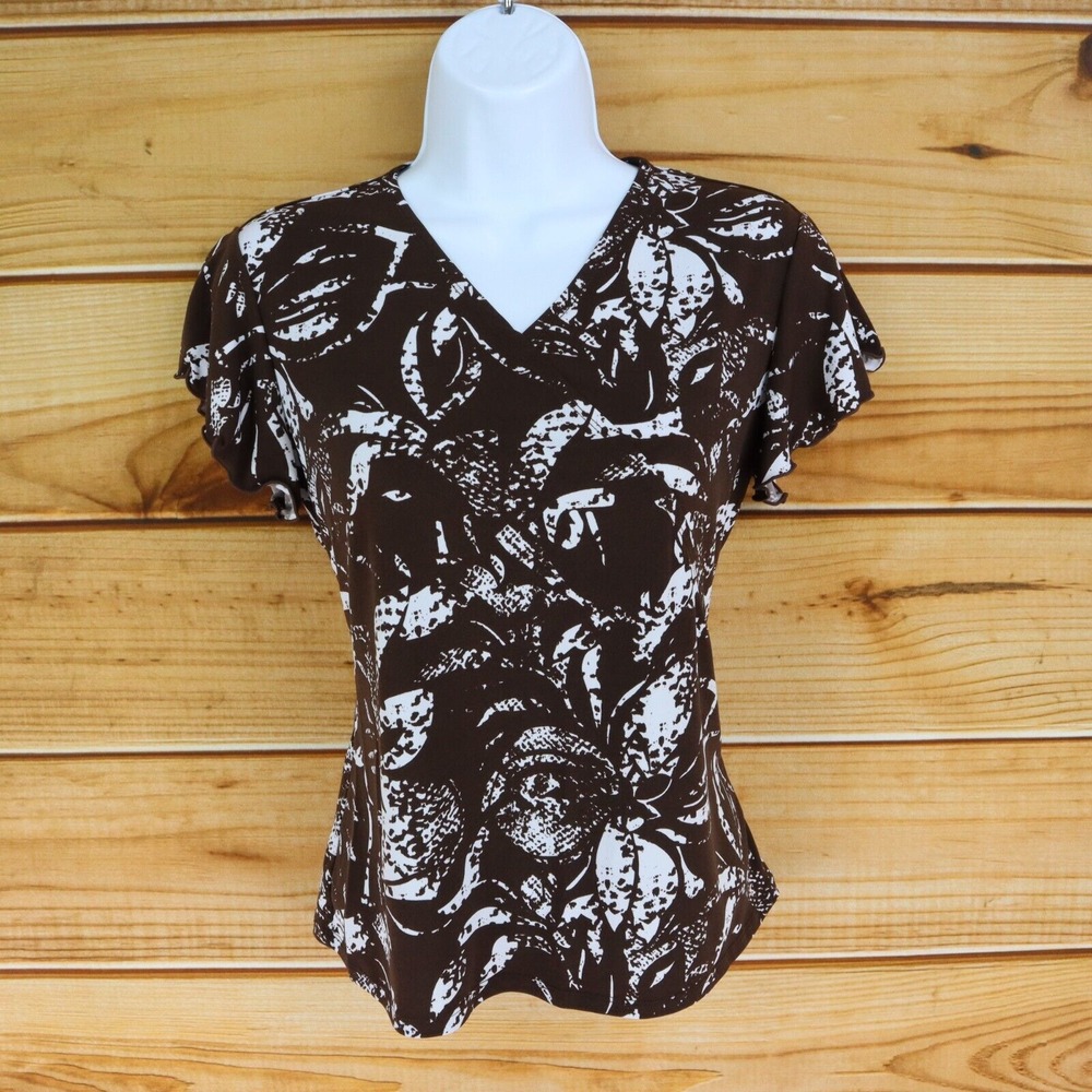 Laura Ashley Blouse V-Neck Short Sleeve Sz PS Brown White Stretch Flutter Sleeve